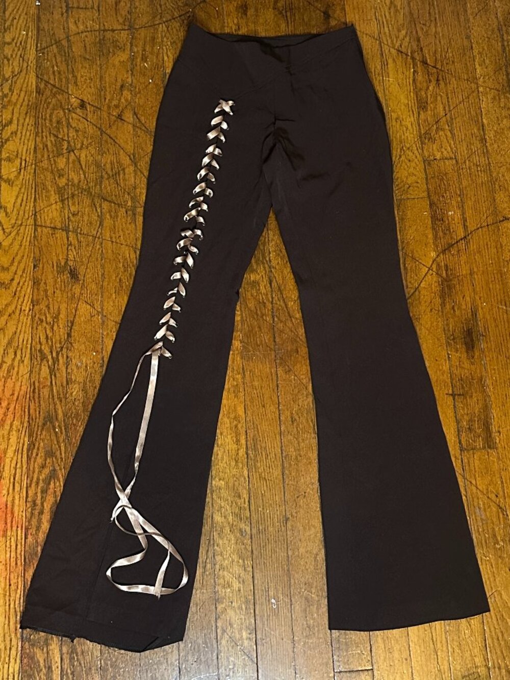 Vintage Brown Boot Cut Pants with Tan  Ribbon Lace-Up